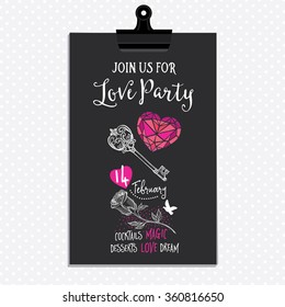 Vector Valentine's Day party invitation. Holiday background and design banner. Vector template with hand-drawn graphic.