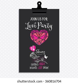 Vector Valentine's Day party invitation. Holiday background and design banner. Vector template with hand-drawn graphic.