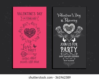 Vector Valentine's Day party invitation. Holiday background and design banner. Vector template with hand-drawn graphic.