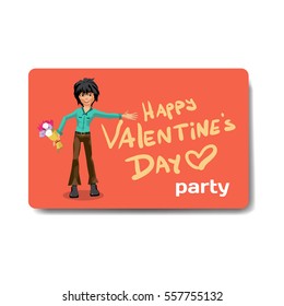 Vector valentine's day party invitation. Young man holding out a bouquet of flowers and makes inviting gesture