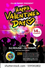 Vector valentine's day party invitation disco style. Night club, women, disco ball template  posters or flyers.