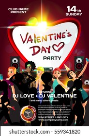 Vector valentine's day party invitation disco style. Night club, dj, women, disco ball template  posters or flyers.