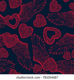 Vector Valentine's day pattern with hearts and wings on a dark blue background
