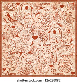 Vector Valentine's day pattern  on crumpled textured paper, fully editable eps 10 file, standart AI font Cooper std