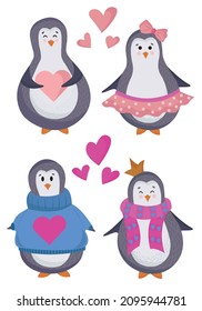 Vector Valentine's day penguins in love in a flat style isolated on a white background. Great for postcards, posters, stickers