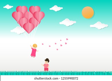 Vector valentines day pink background in paper cut. Women flying with air balloon heart shape left behind the boy which standing in the green grass. Couple lovers scenery