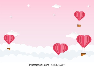 Vector valentines day pink background in paper cut, flat, origami style. Heart shape hot air balloon flying through the clouds. Suitable for banner, poster, wallpaper, invitation, cover.