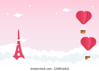 Vector valentines day pink background in paper cut flat origami style. Heart shape hot air balloon flying through the clouds with Eiffel tower. Suitable for banner, poster, wallpaper, invitation.