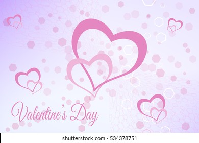 Vector Valentine's Day pink background with hexagon patterns and heart objects.