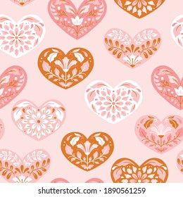 Vector Valentine's Day pink hearts seamless pattern in folk art style