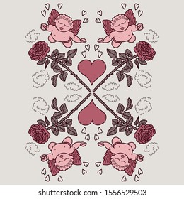 Vector valentines day placement print. Simple cute doodle graphic with angel, rose and heart hand drawn. Great for invitation, tshirt print, sticker, decor, valentines fashion.