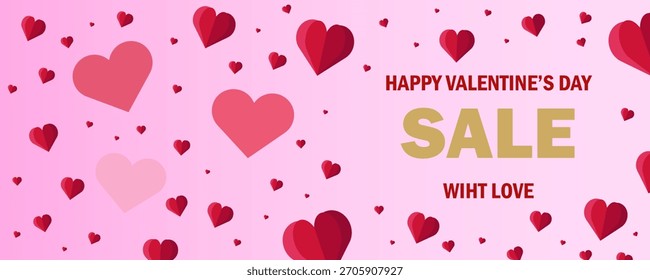 Vector del cartel o Anuncio del día de San Valentín. Saludos y regalos para el amor o el concepto del día de San Valentín. Anuncio con texto FELIZ DÍA DE SAN VALENTÍN REBAJAS CON AMOR