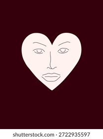 Afiche del día de San Valentín de Vector con una cara minimalista en un corazón. Simboliza el amor interior, la profundidad psicológica y la dualidad de la emoción humana y el romance.