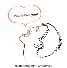 Vector Valentines Day. Romantic quote: I’m really love you. Young man declares his love. Line drawing. Vector illustration.