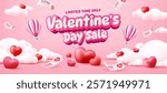 Vector of Valentine's Day Sale Banner Template with Floating Hearts,Hot Air Balloons,Love Coupons,Pink Clouds and Romantic Design Elements for Limited-Time Festive Promotions and Holiday Marketing