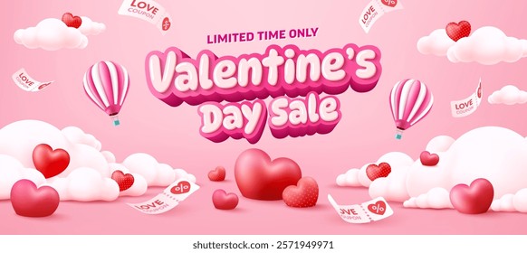 Vector of Valentine's Day Sale Banner Template with Floating Hearts,Hot Air Balloons,Love Coupons,Pink Clouds and Romantic Design Elements for Limited-Time Festive Promotions and Holiday Marketing