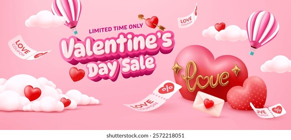 Vector of Valentine's Day Sale Banner Template with Floating Hearts,Hot Air Balloons,Love Coupons,Pink Clouds and Romantic Design Elements for Limited-Time Festive Promotions and Holiday Marketing