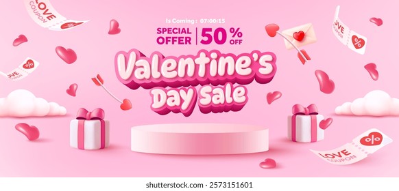 Vector of Valentine's Day Sale Banner Template with Pink Background, Floating Hearts, Love Coupons, Gift Boxes, Cupid Arrow and Romantic Decorations for Seasonal Shopping and Discount Promotion