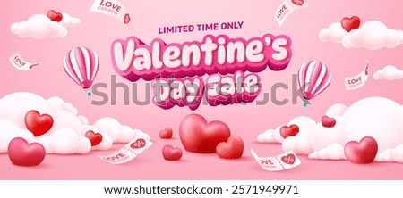 Vector of Valentine's Day Sale Banner Template with Floating Hearts,Hot Air Balloons,Love Coupons,Pink Clouds and Romantic Design Elements for Limited-Time Festive Promotions and Holiday Marketing