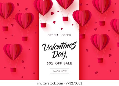 Vector valentines day sale card template with origami paper hot air balloons in heart shape background. Holiday illustration on red background for poster, banner, advertising design.