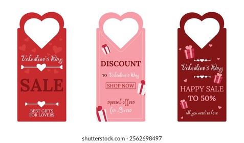 Vector Valentine's day sale label set. Love day discount, big sale, special, hot offer, half price tag and shop now. Romantic sale up to 50%, 40%, 25%, 70% off shopping tag. Sale banner template