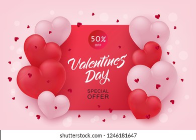 Vector Valentines Day Sale Poster, Special Offer Banner With Hearts In Black Frame, Hand Written Lettering. Romantic Holiday Commercial Background, Online Store Clearance, Shopping Promotion Template.