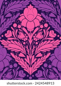 Vector Valentines day seamless floral pattern. Decorative lace texture with silhouette symmetrical pink flowers, hearts and foliage on violet background for wallpaper and wrapping paper