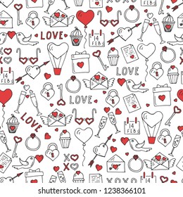 Vector Valentines Day seamless pattern with hand drawn love symbols.  Line art icons. Sketch.  Pattern can be used for wallpaper, web page background, surface textures.