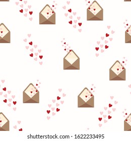Vector Valentines day seamless pattern with red small hearts and letter isolated on white background. Design backdrop for Wedding Invitation Card. 