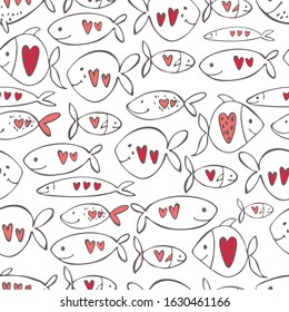 Vector Valentine's day seamless pattern. Loving fish with hearts.