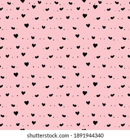 Vector Valentines day seamless pattern with black small hearts on pink background. Design backdrop for Textile Wedding Card Wrapping paper. Vector illustration