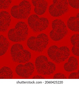 Vector. Valentine's Day seamless pattern for promotional items. Romantic pattern with hearts composed of drawn dots, linear circles. Festive event, Valentine's Day, wedding, date. Pointillism. Red.