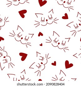 Vector. Valentine's day seamless pattern with cute cats, lovers, hearts, eyes. Modern linear printing for packaging, wrapping paper, textiles, home decor and other advertising and printing products.