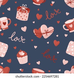 Vector Valentines Day seamless pattern with hand drawn love symbols.