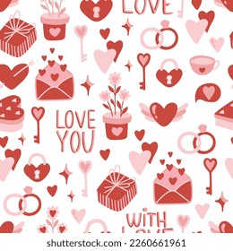 Vector Valentines Day seamless pattern with hand drawn love symbols.