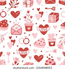 Vector Valentines Day seamless pattern with hand drawn love symbols.