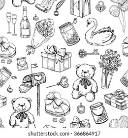 Vector Valentines day seamless pattern. Hand drawn illustrations. Great for wedding invitations and Valentines card