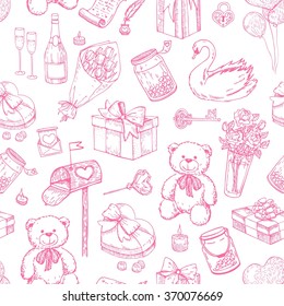 Vector Valentines day seamless pattern. Hand drawn illustrations. Great for wedding invitations and Valentines card