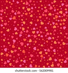Vector Valentines day seamless pattern with colorful light hearts isolated on red background for textile, cloth, fabric. Design backdrop for Wedding Invitation Card. Vector illustration.