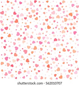 Vector Valentines day seamless pattern with colorful light small hearts isolated on white background for textile, cloth, fabric. Design backdrop for Wedding Invitation Card. Vector illustration.