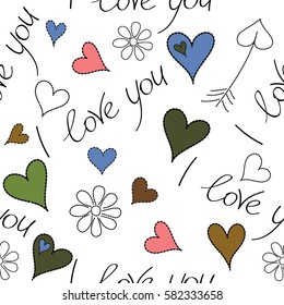 Vector Valentines day seamless pattern with small and big hearts, I love you text, flower in pink, green and blue colors on white background. Seamless design backdrop for wedding invitation cards.