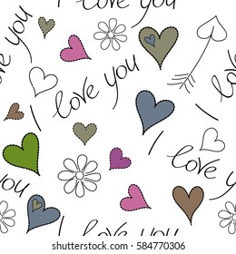 Vector Valentines day seamless pattern with small and big hearts, I love you text, flower in purple and pink colors on white background. Seamless design backdrop for wedding invitation cards. Vector.
