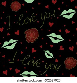 Vector. Vector Valentines day seamless pattern with small and big hearts, love text, flower in neutral, green and red colors on black background. Seamless design backdrop for wedding invitation cards.