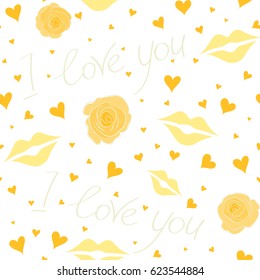 Vector Valentines day seamless pattern with small and big hearts, love text, flower in beige and yellow colors on white background. Seamless design backdrop for wedding invitation cards. Vector design