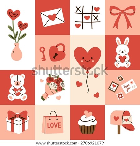 Vector Valentines Day seamless pattern arranged in grid. Romantic geometric pattern with hearts, flowers, toys, letters, balloons, gifts, cute holiday symbols in for wrapping, greeting, decor.
