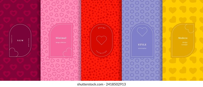 Vector Valentine's day seamless patterns collection. Set of cute trendy colorful geometric backgrounds with elegant minimal frames. Modern abstract textures with hearts. Funky modern childish design