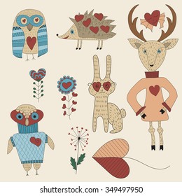 Vector Valentine's Day Set with animals and plants