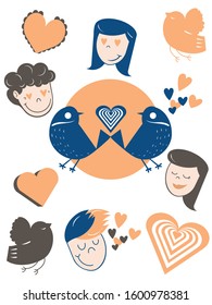 Vector valentines day set with birds and heart, orange theme