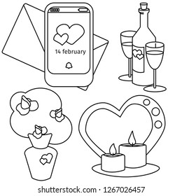 vector valentines day set bouque, vine. candles and notification. Line art for cartoon design, vector icon. Line art for cartoon design, vector icon.