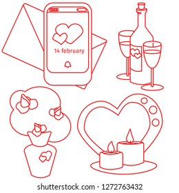 vector valentines day set bouque, vine. candles and notification. Line art for cartoon design, vector icon.